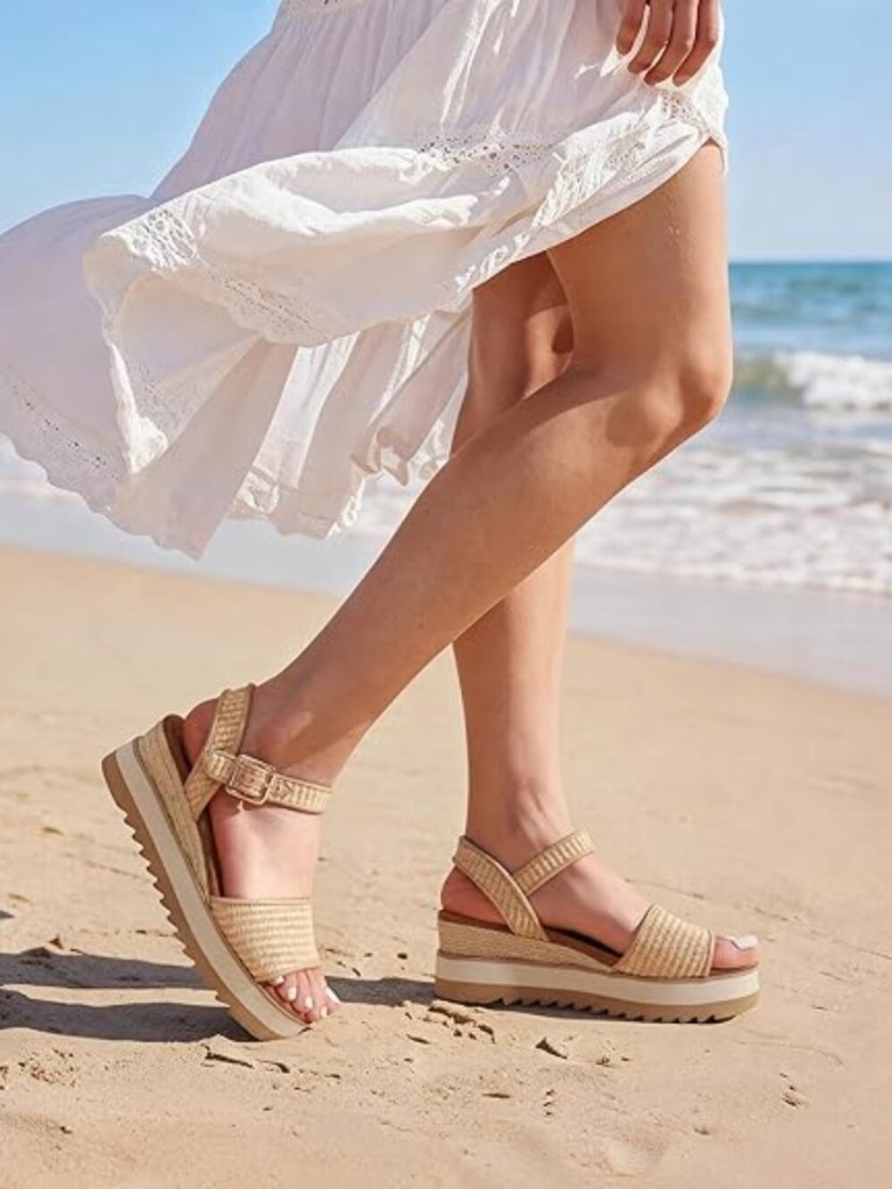 Women's Open Toe Buckle Ankle Strap Espadrille Platform Wedge Sandals - Picture 2 of 5